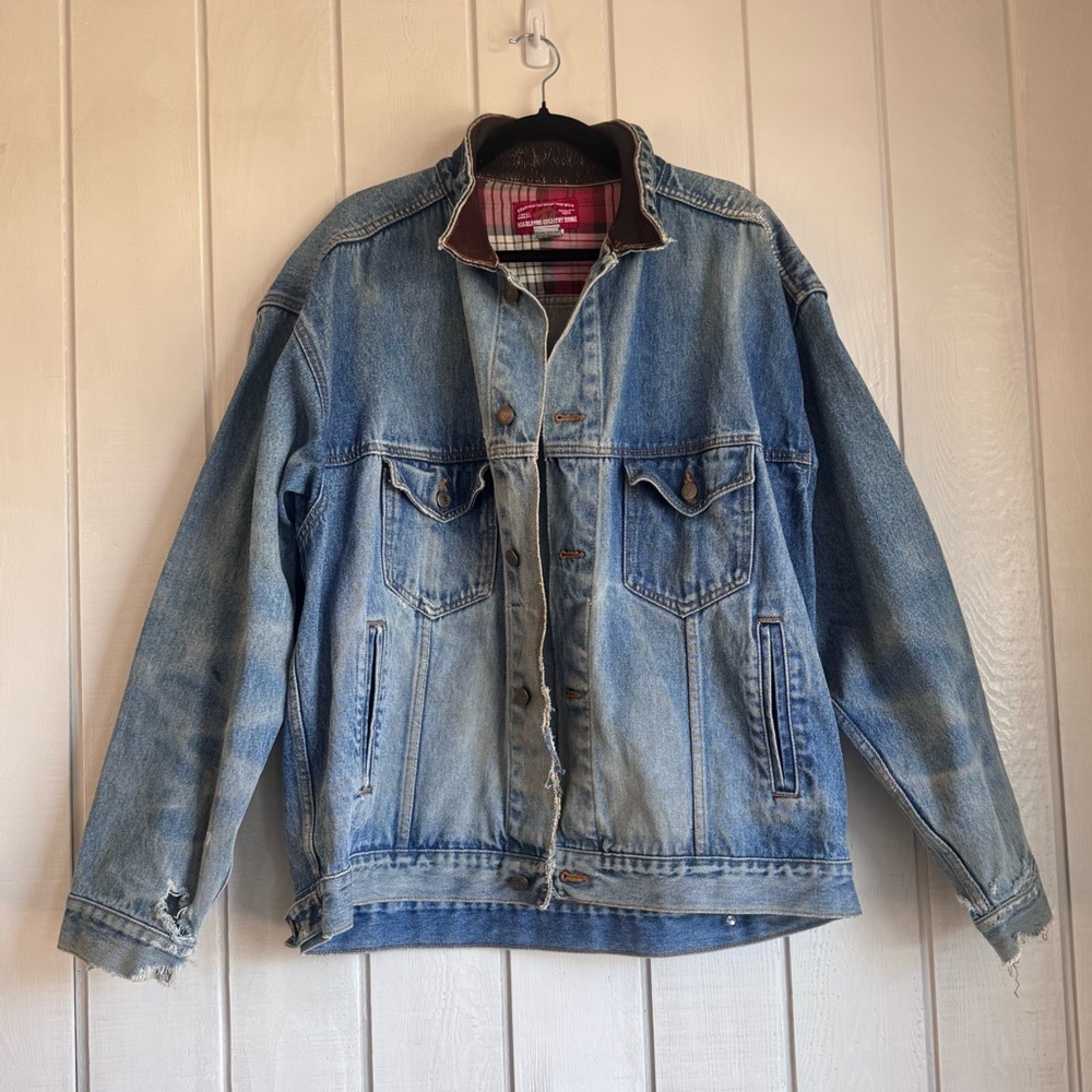 Vintage Marlboro Distressed Denim Jacket with Leather Collar